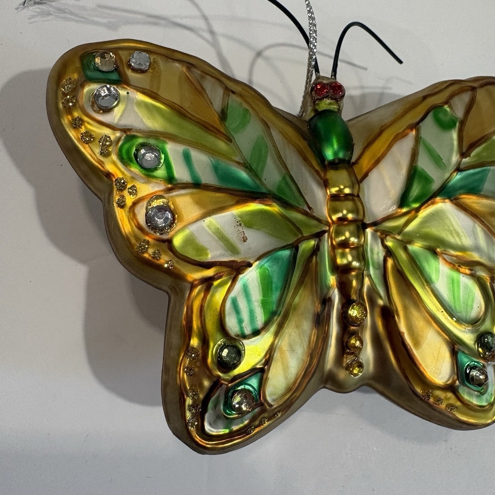 Vintage Hand Blown Glass Butterfly Ornament Gold Green Jeweled Christmas Decor - Picture 2 of 7